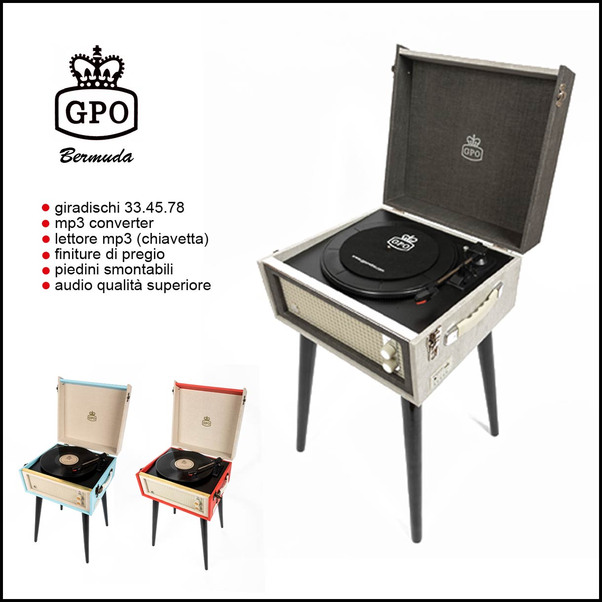 GPO Soho Giradischi A Valigetta Retro – 3 Velocità 33/45/78 Giri, Altoparlanti Stereo, Colore Bianco
